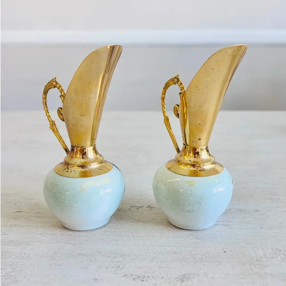 French Floral Ceramic Ewer Pair Gold Gilt Doré à l'Or Fin Made France